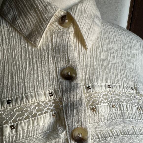 Free People Summer Stars Cream Gauze Boxy Button Down Blouse Boho Small - Picture 3 of 7